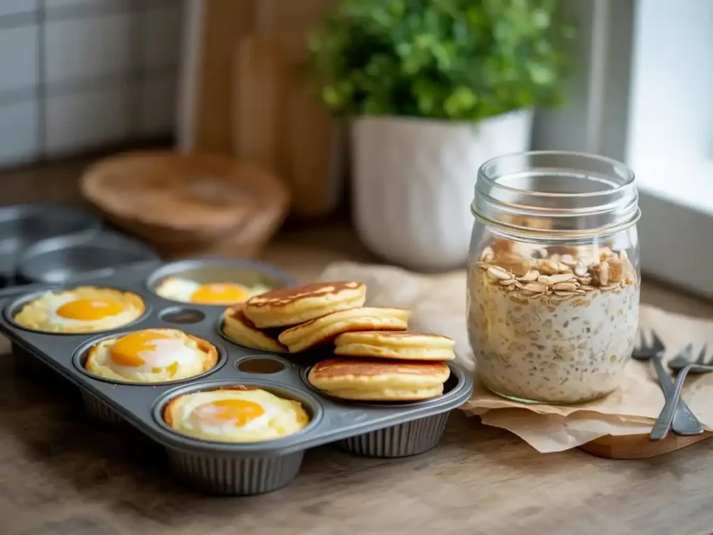 A warm, inviting flat lay of portable breakfast items — fluffy baked egg muffins, golden cottage cheese pancake rounds, and a layered overnight oat jar — arranged on a worn wooden kitchen counter with natural morning light, soft shadows, food photography style