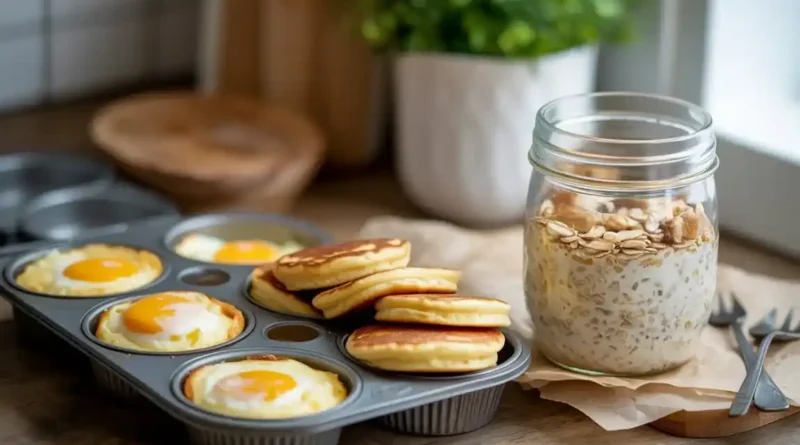 A warm, inviting flat lay of portable breakfast items — fluffy baked egg muffins, golden cottage cheese pancake rounds, and a layered overnight oat jar — arranged on a worn wooden kitchen counter with natural morning light, soft shadows, food photography style