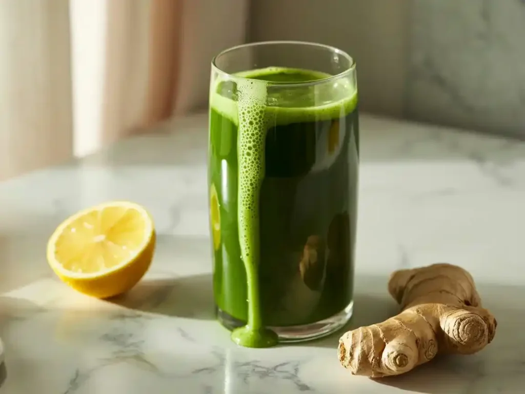 A tall glass of vibrant creamy green juice on a light marble countertop, filled with a smooth cucumber-spinach blend, condensation on the glass, soft natural morning light from the left, fresh lemon half and ginger root placed nearby, photorealistic food photography