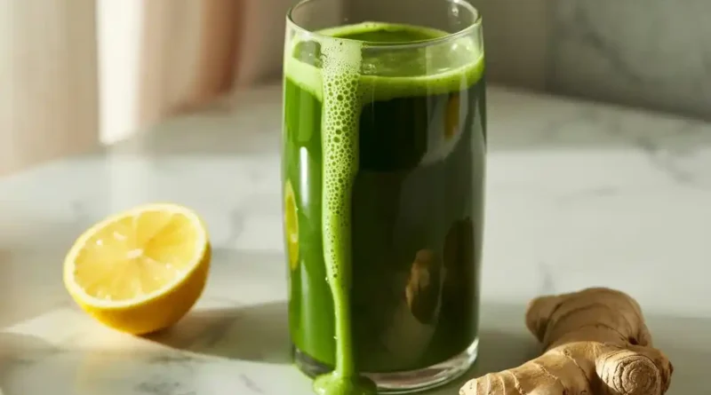 A tall glass of vibrant creamy green juice on a light marble countertop, filled with a smooth cucumber-spinach blend, condensation on the glass, soft natural morning light from the left, fresh lemon half and ginger root placed nearby, photorealistic food photography