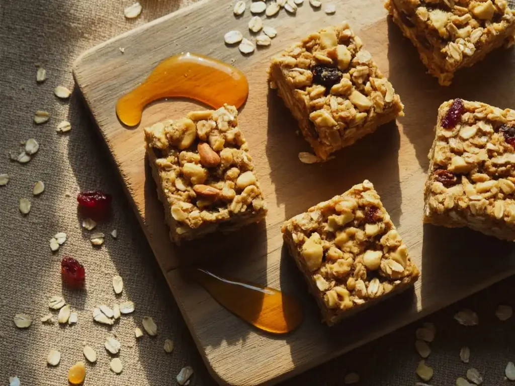 Rustic overhead flat-lay of homemade oat bars arranged on a worn wooden cutting board, scattered oats and honey drizzle visible, warm natural morning window light, 4:3 ratio, food photography style, no props, matte textures, earthy tones