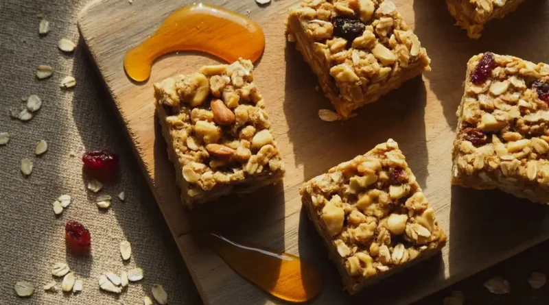 Rustic overhead flat-lay of homemade oat bars arranged on a worn wooden cutting board, scattered oats and honey drizzle visible, warm natural morning window light, 4:3 ratio, food photography style, no props, matte textures, earthy tones