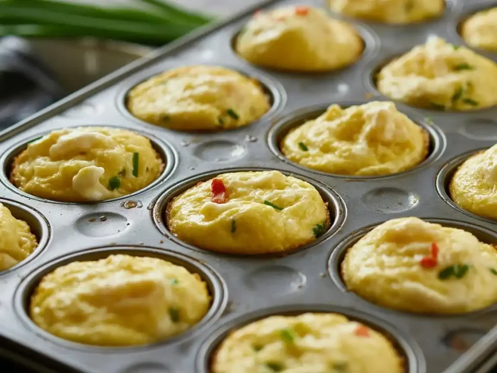 Close-up of golden baked egg muffins fresh from the oven in a matte dark muffin tin, with visible soft egg filling and flecks of red pepper and chive, steam rising slightly, natural kitchen light