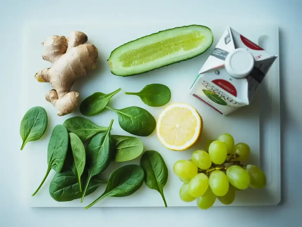 Flat lay of fresh green juice ingredients on a white cutting board — halved cucumber, peeled ginger knob, baby spinach leaves, half a lemon, a small bunch of green grapes, and a coconut water carton, bright natural daylight, overhead shot, photorealistic