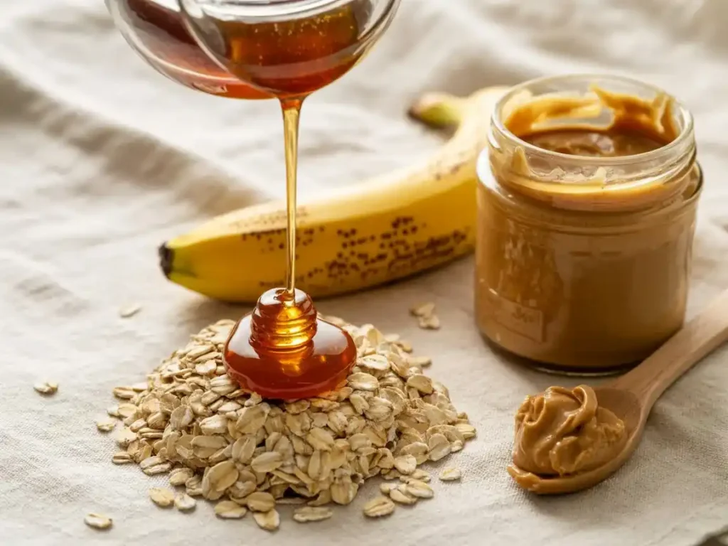 Close-up rustic shot of rolled oats, a jar of honey mid-pour, ripe spotted banana, and a jar of peanut butter on a linen cloth surface, soft diffused morning light from the left, 4:3 ratio, no styling props, natural matte food photography