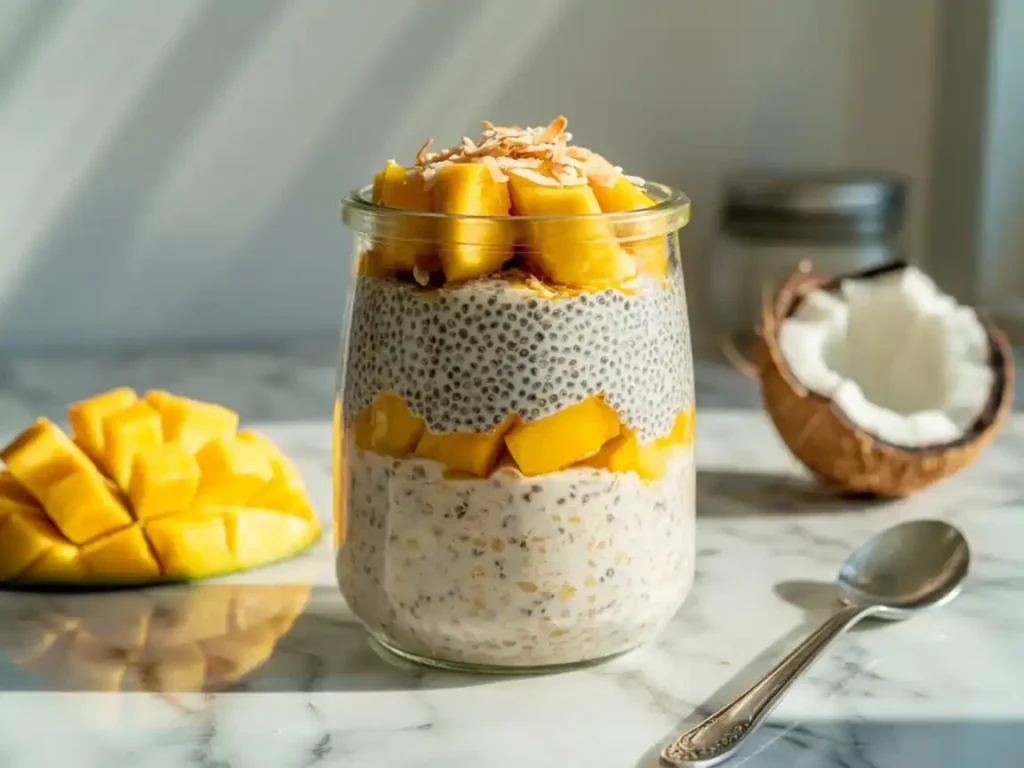 A glass jar of layered overnight oats with visible bands of chia pudding, sliced mango, and toasted coconut on a bright white marble surface, morning sunlight from the left, clean food styling