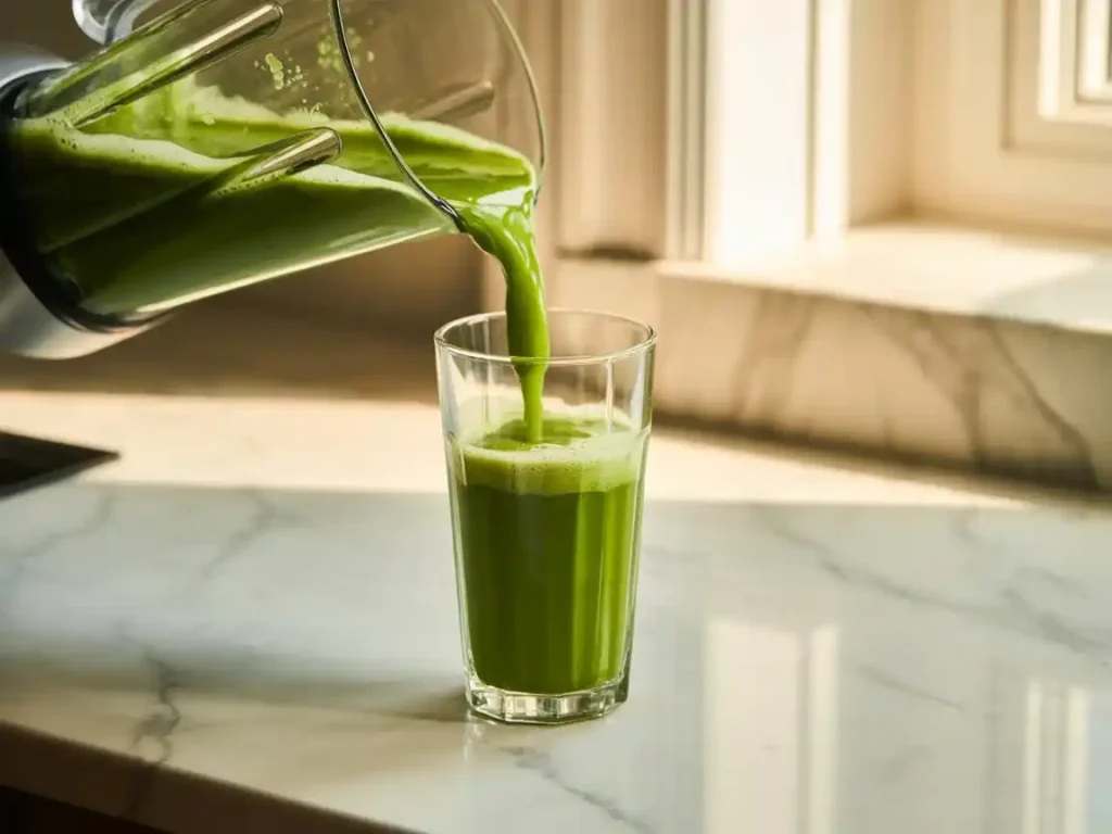 A creamy green juice being poured from a blender jug into a tall clear glass, the liquid showing a smooth vibrant green color with light froth on top, marble surface, warm natural window light, motion blur on the pour, photorealistic food photography