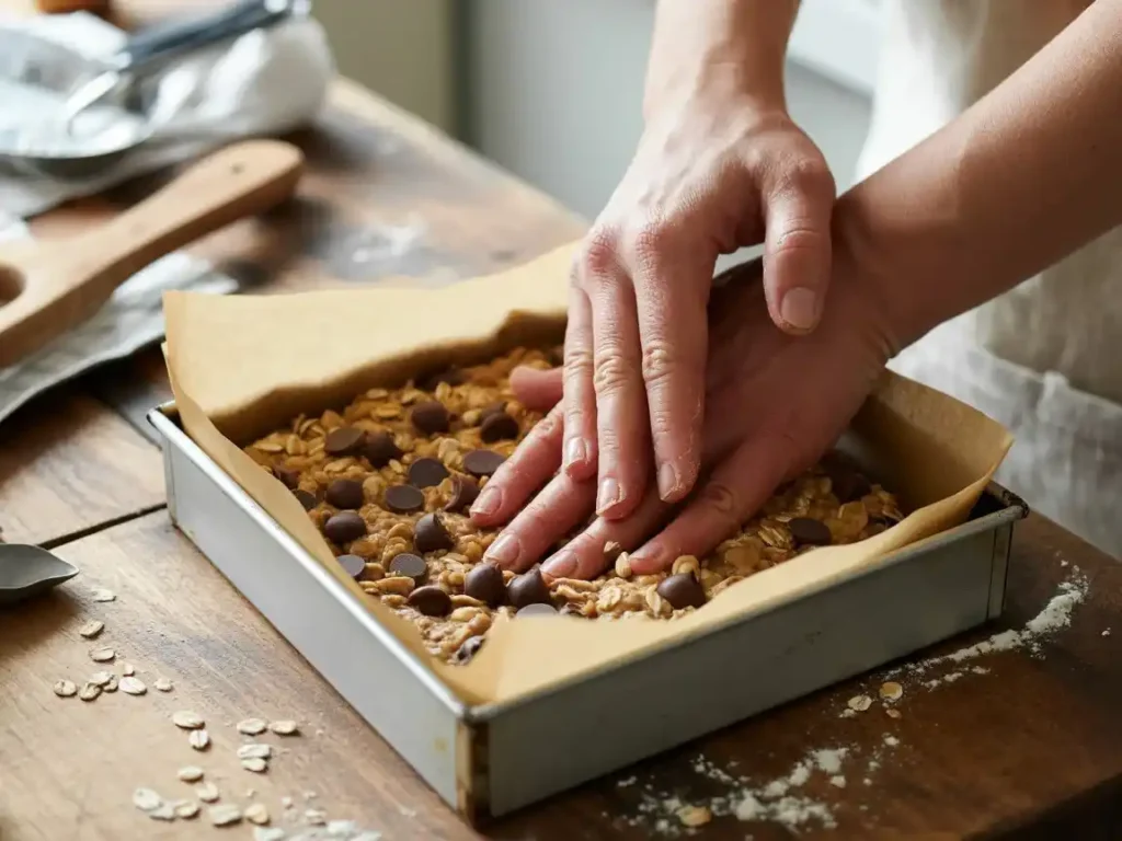 Action shot of hands pressing oat mixture firmly into a parchment-lined square baking pan on a wooden kitchen counter, chocolate chips visible throughout, natural overhead light, slightly messy realistic kitchen surface, 4:3 ratio, authentic home kitchen feel