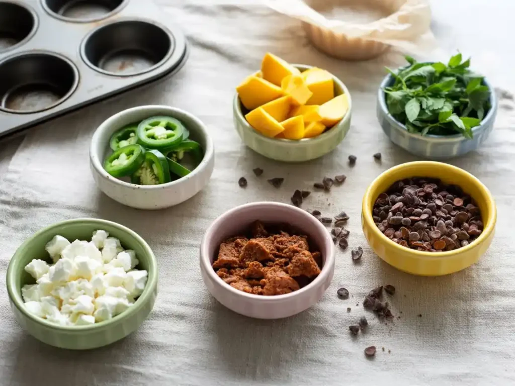 Flat lay of small prep bowls containing colorful swap ingredients — crumbled feta, sliced jalapeños, mango chunks, cacao nibs, fresh herbs — on a light linen surface with a muffin tin in the background, bright natural light, food styling overhead sho