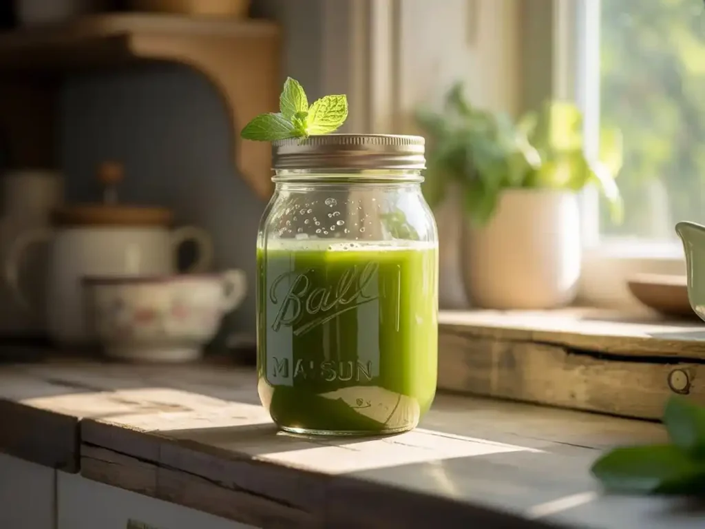 A sealed glass mason jar filled with vibrant creamy green juice sitting on a wooden kitchen shelf, morning light through a nearby window, small condensation drops on the glass exterior, fresh mint leaf resting on the jar lid, warm and calm home kitchen atmosphere