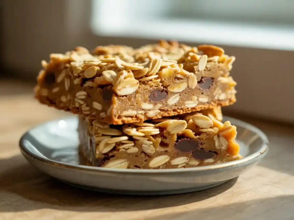 Close-up of finished oat bars stacked two high on a small ceramic plate, chocolate chips visible in cross-section, crumbly golden edges, soft interior texture, natural morning light from a nearby window, 4:3 ratio, realistic food photography