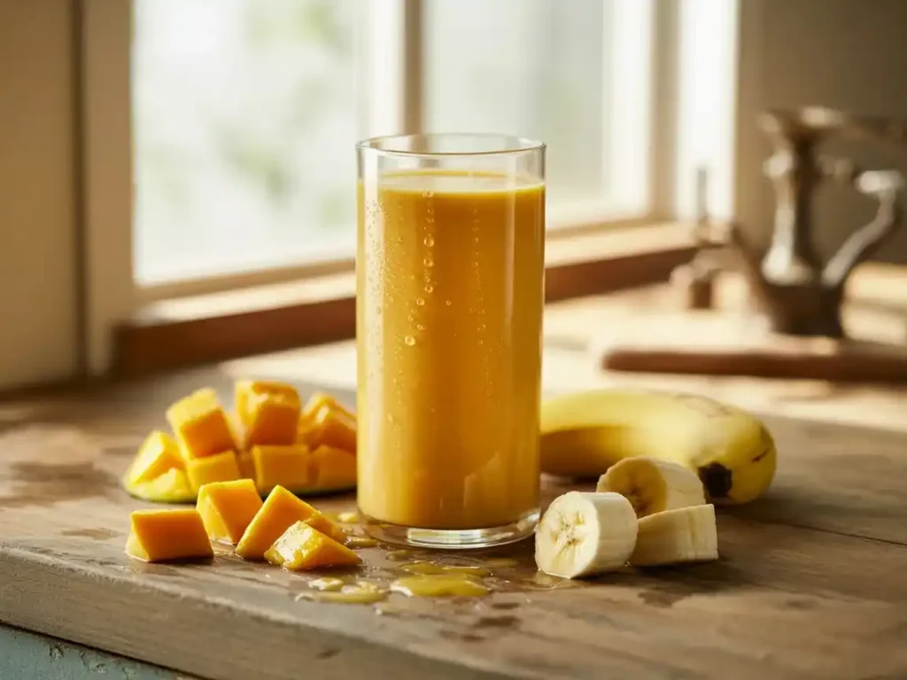 A tall glass of thick, creamy golden smoothie on a worn wooden kitchen counter, natural morning light streaming in from a nearby window, condensation on the glass, scattered frozen mango chunks and a halved banana nearby, warm and honest home kitchen atmosphere