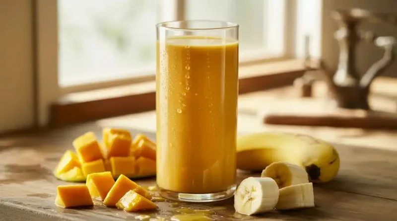 A tall glass of thick, creamy golden smoothie on a worn wooden kitchen counter, natural morning light streaming in from a nearby window, condensation on the glass, scattered frozen mango chunks and a halved banana nearby, warm and honest home kitchen atmosphere