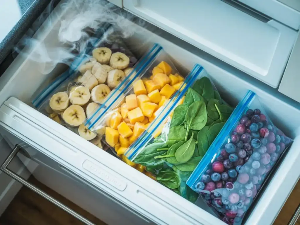 An open freezer drawer filled with labeled zip-lock bags of frozen banana slices, mango chunks, spinach, and blueberries, organized neatly, cold vapor visible, realistic home kitchen freezer, overhead angle