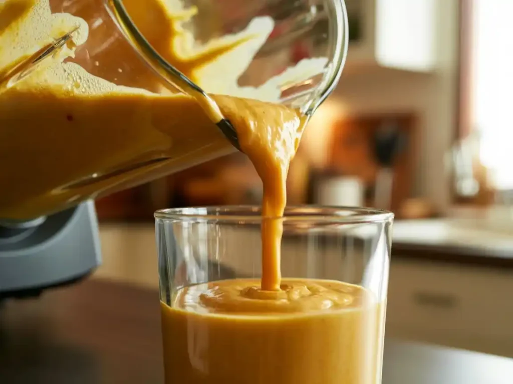 A close-up side view of a creamy blended smoothie being poured from a blender jug into a clear glass, thick golden-orange texture catching warm kitchen light, slight motion blur on the pour, realistic home kitchen background